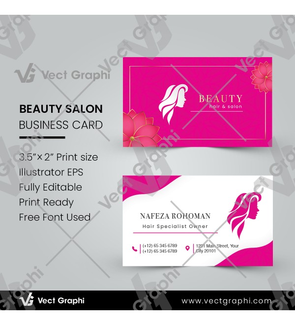 Beauty Salon Business Card Template Chic Feminine Beauticians Printable Card Design | Landscape Business Card