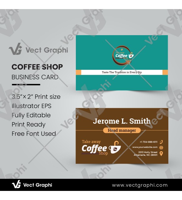 Coffee Shop Business Card Template Trendy Minimalist Printable Design Layout | Landscape Business Card