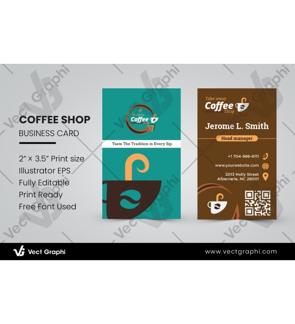 Coffee Shop Business Card Template Trendy Minimalist Printable Design Layout | Portrait Business Card